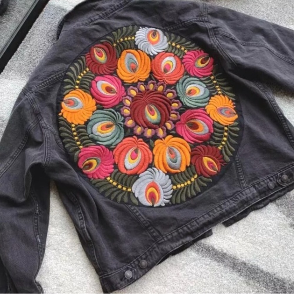 SOLD OUT . Boho Embroidered Floral Black Denim Jacket - Picture 4 of 8